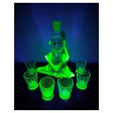 Blown Uranium Glass Monkey Decanter & Shot Glasses