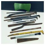 Assorted Vintage Tools, Prybars, Axe head, Chisels