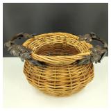 Vintage Wicker Basket with Metal Handles & Leaves