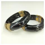 Vintage Carved Ox Horn & Brass Bangle Bracelets
