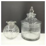 Vintage Etched Glass Vase and Jar