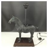 VTG Painted Black Brass Horse Lamp with Wood Base