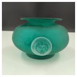 Vintage Frosted Green Glass Vase with Lion Heads