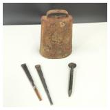 Antique Cow bell, Railroad Date Nail, Cut Nails