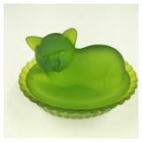 VTG Westmoreland Frosted Green Glass Cat Dish