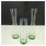 3 Vintage Green Etched Glass Vases