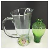VTG Hand Blown Glass Green Vase & Glass Pitcher