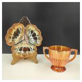 VTG Carnival Glass Marigold Sugar Bowl & Leaf Dish