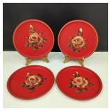 VTG Hand Painted Small Red Tin Toleware Trays