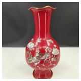 VTG Red Enamel Vase Mother of Pearl Abalone Inlay