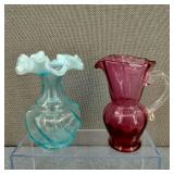 VTG Fenton Opalescent Aqua Optic Swirl Ruffle Vase