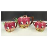 Anthropomorphic Apple Teapot/Creamer/Sugar Bowl