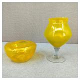 VTG MCM Hand-Blown Yellow Art Glass Bowl & Vase