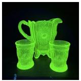 VTG Mosser Vaseline Glass Dahila Pitcher/Tumblers