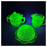 VTG Mosser Vaseline Glass Creamer, Sugar, Butter