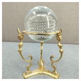 VTG Bubble Art Glass Paperweight & Brass Stand