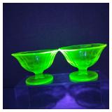 VTG Vaseline Glass Sherbet Footed Bowls w/ Etching