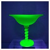 VTG Tiffin Frosted Vaseline Glass Pedestal Compote