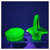 VTG Vaseline Glass Flower Frog & Mini Basket