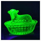 VTG Mosser Vaseline Glass Lamb on a Nest Dish