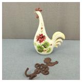 Hand-Painted Rooster Figure & Cast-Iron Wall Hook