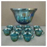 Indiana Princess Blue Carnival Glass Punch Bowl