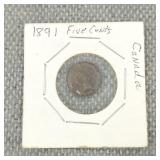 1891 .925 Silver Canadian .5 Cent Coin