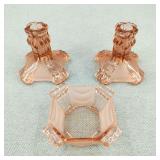 VTG Art Deco Pink Glass Bowl & Candlestick Holders