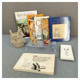 Cat Lovers Lot-Books, Ceramic Pencil Cup & Decor