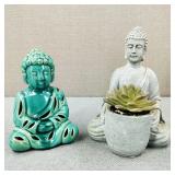 Ceramic Buddha Figure & Resin Buddha w/ Faux Plant