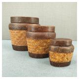 3-Vintage Woven Bamboo Nesting Rice Boxes