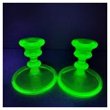 VTG Depression Uranium Glass Candlestick Holders
