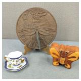 VTG-Butterfly Lot-Wood Puzzle Box/Teacup & Saucer+