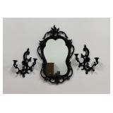 MCM-Syroco Black Ornate Mirror and Candle Sconces