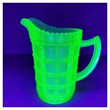 Depression Uranium Glass Beaded Block Pitcher