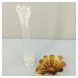 MCM Amber Art Glass Leaf Dish & Clear Swung Vase