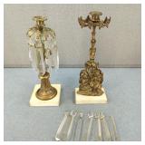 Antique Brass Girandoles-Dangling Crystal Prisms +