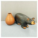 Large Carved Wood Bear & Leather Wrapped Vase