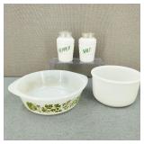 VTG-Milk Glass S&P Shakers/Bowl/Casserole Dish