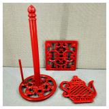 VTG Red Metal Trivets & Paper Towel Holder