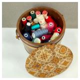 VTG Firkin Wood Bucket Full of Sewing Supplies