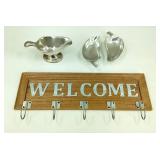 Pewter Gravy Boat Leaf Bowls & Welcome Sign