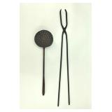 Antique Blacksmith Iron Tongs & Skimmer