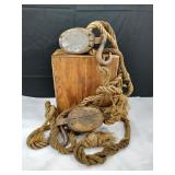 Antique 1800s Maritime Wood Block Pullies & Rope