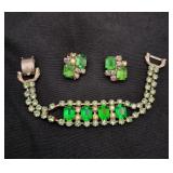 VTG Green Rhinestone Bracelet & Earring Set
