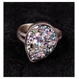 .925 Sterling Silver Rainbow Druzy Quartz Ring