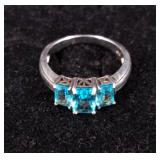 .925 Sterling Silver Swiss Blue Topaz 3 Stone Ring