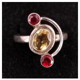 .925 Sterling Silver Citrine/Red Garnet Stone Ring