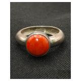 .925 Sterling Silver &Coral Signed Ring Size 8