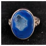.925 Sterling Silver Blue Agate Druzy Quartz Ring